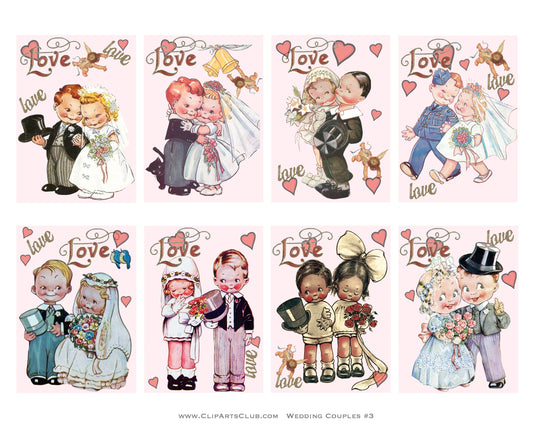 Adorable Vintage Wedding Couples In Love Collage Sheet ATC Cards Printable Pink Background