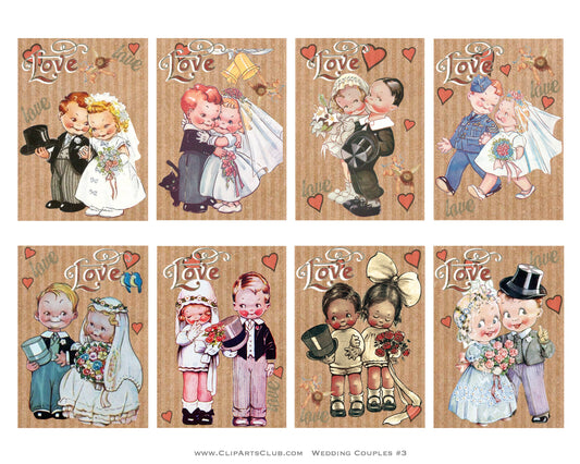 Adorable Vintage Couples In Love Collage Sheet ATC Cards Printable On Striped Background